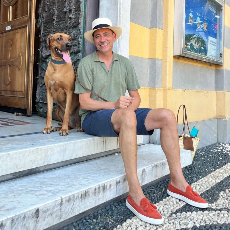 Thierry Boonen with his dog Stella in Portofino